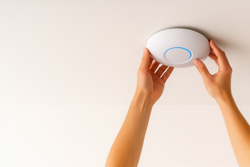 Technician installing a ceiling Wi-Fi access point in Tampa Bay — The Wifi Pros